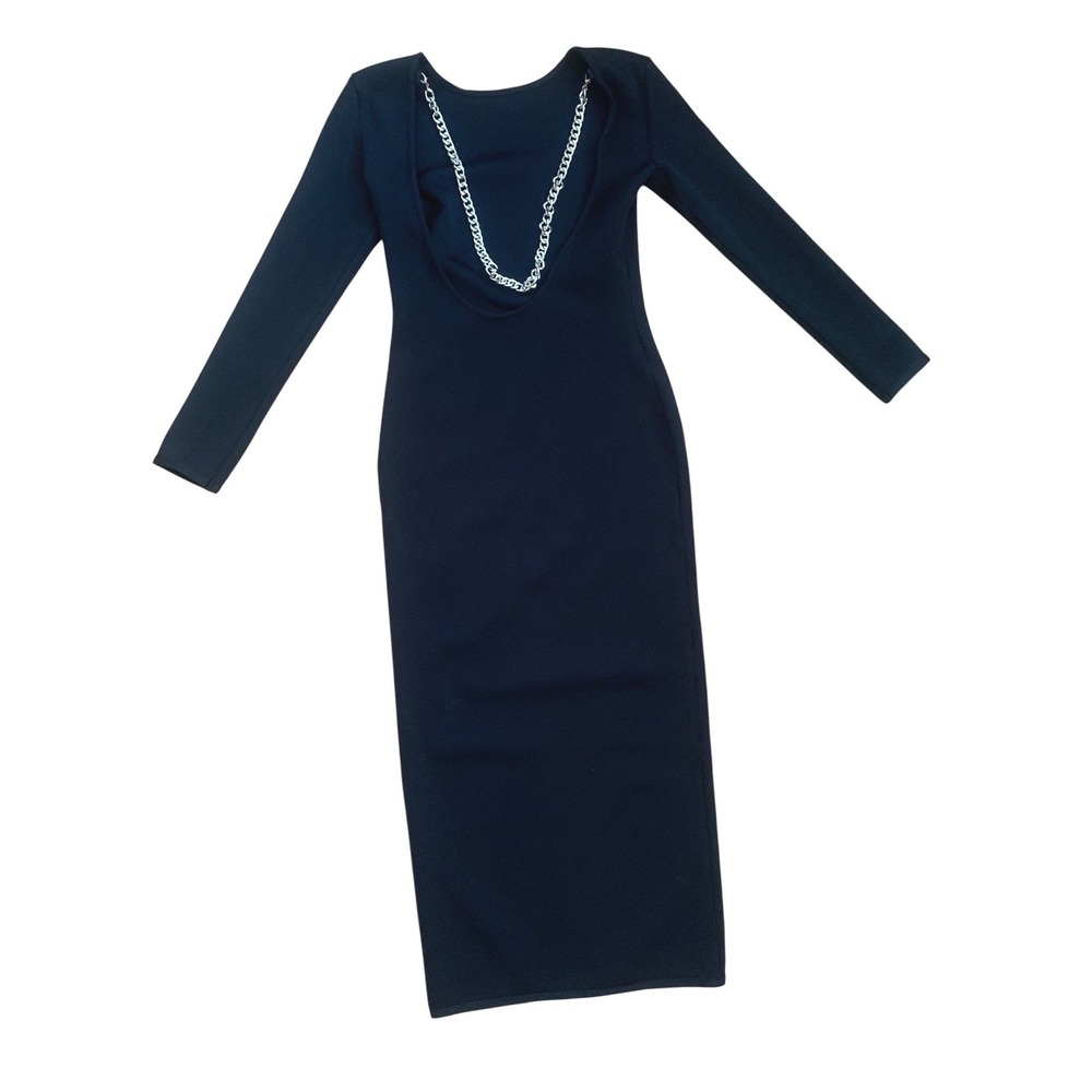 Open Back Chain Maxi Dress Black Ribbed Knit Long Sleeve Medium